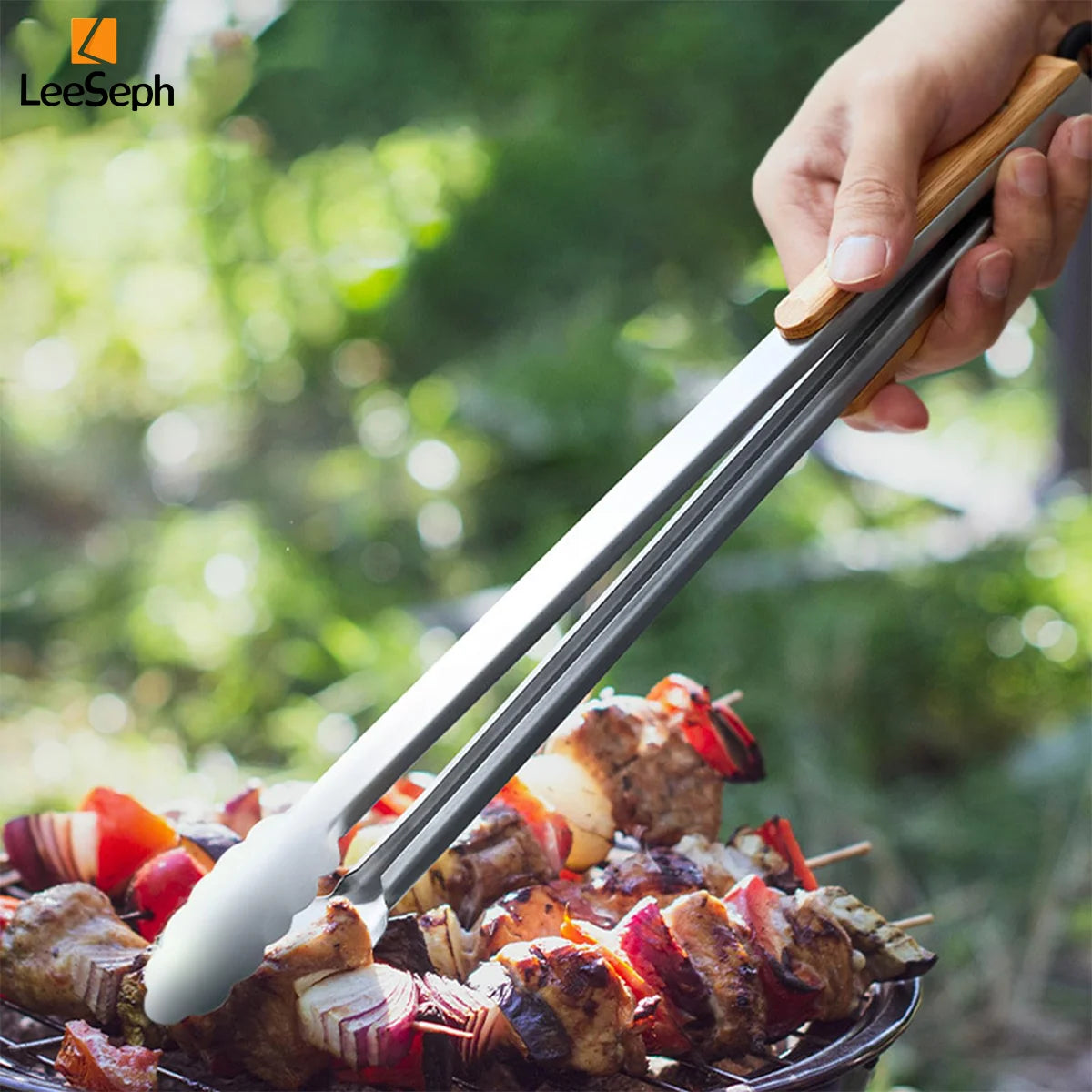 Stainless Steel Cooking Tong with Oak Handle, Barbecue Tong Salad Tong with Locking Ring, Kitchen Gadget for Salad Grilling BBQ