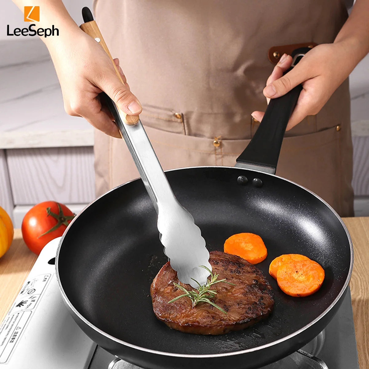 Stainless Steel Cooking Tong with Oak Handle, Barbecue Tong Salad Tong with Locking Ring, Kitchen Gadget for Salad Grilling BBQ