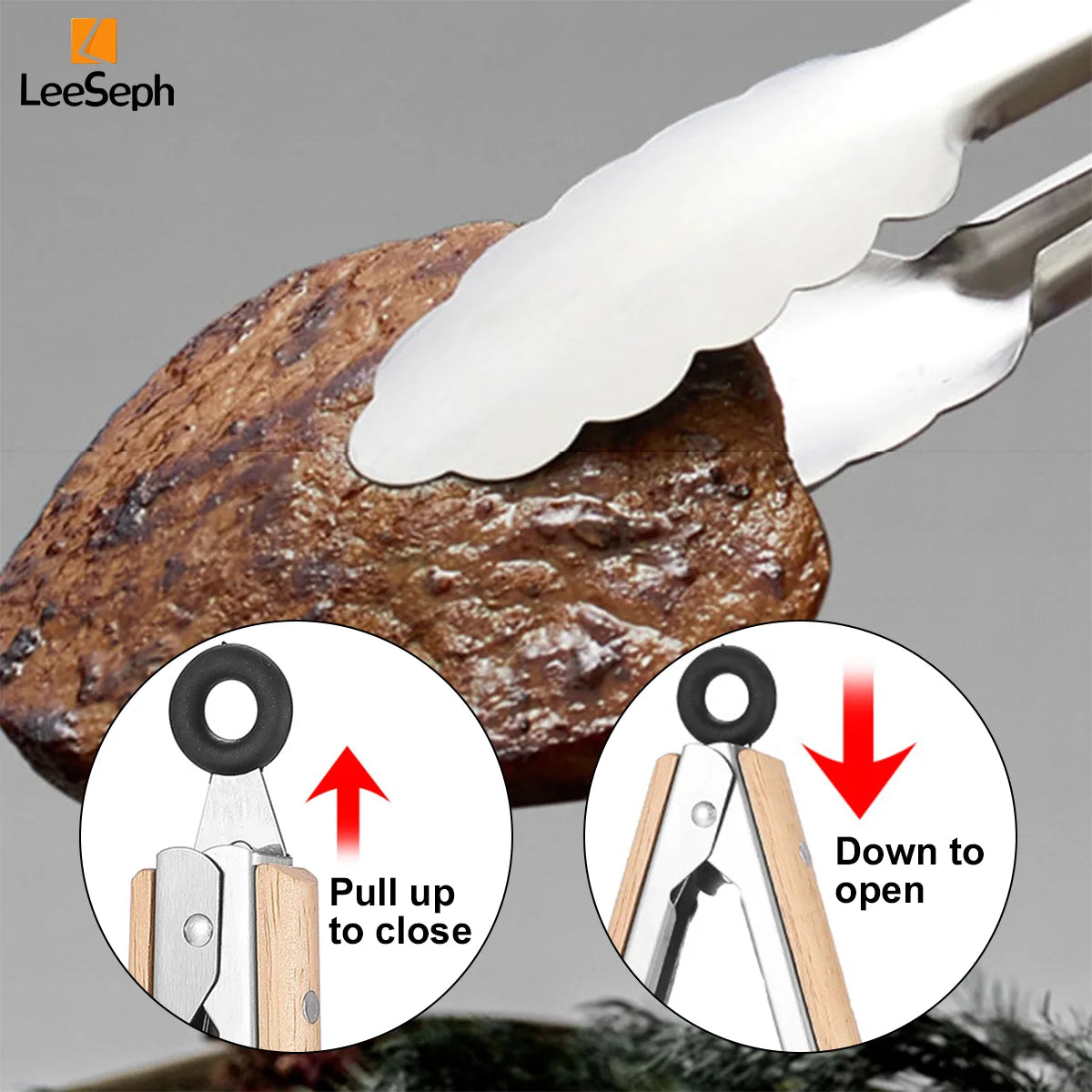 Stainless Steel Cooking Tong with Oak Handle, Barbecue Tong Salad Tong with Locking Ring, Kitchen Gadget for Salad Grilling BBQ